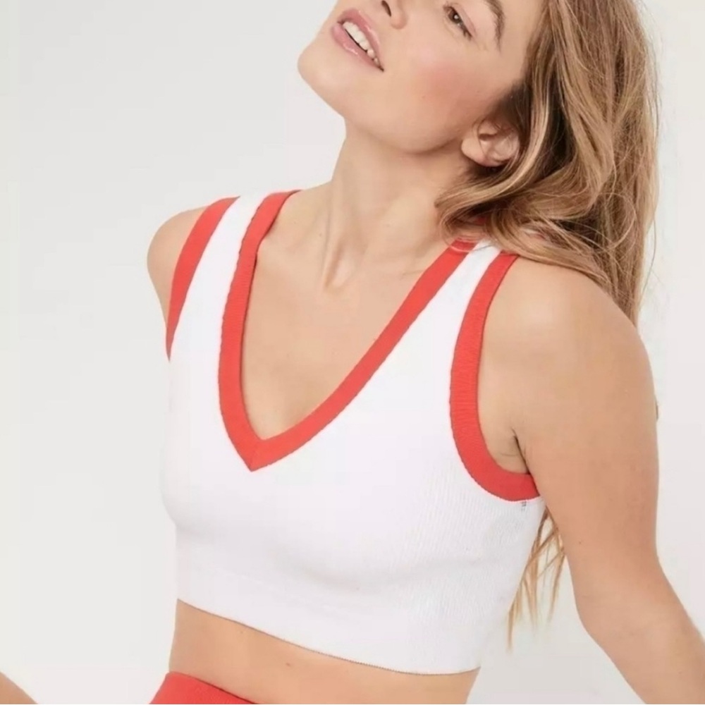 Offline by Aerie Main Squeeze Seamless Plunge Sports Bra in Red & White